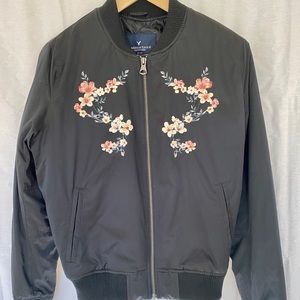 American Eagle Black Floral Bomber Jacket Size S